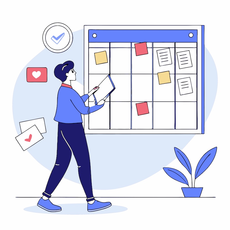 Illustration of a person planning and organizing on a bulletin board