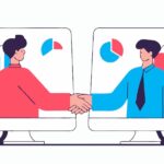 Two business professionals, one in red and one in blue, are shaking hands across two computer monitors, symbolizing a virtual business agreement or collaboration, with charts and graphs in the backgr