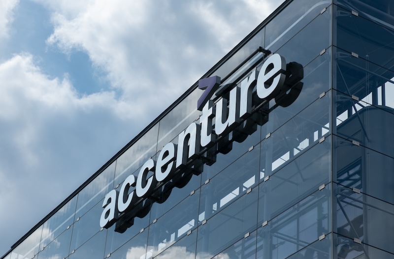 Prague,CZ 27 April 2023: The Accenture sign Logo on Czech Republic Headquarter. Concept Corporation.