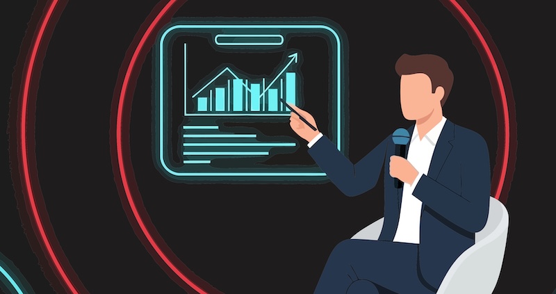 Technology Conference Speaker Presentation with Data Graphics on Modern Background