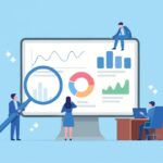 Flat cartoon vector illustration of business people analyzing data on a computer screen isolated on transparent background