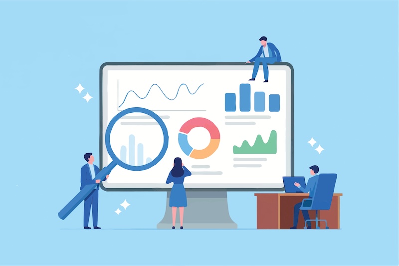 Flat cartoon vector illustration of business people analyzing data on a computer screen isolated on transparent background
