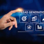 A hand pointing towards icons representing "Lead Generation," symbolizing digital marketing and business growth strategies.