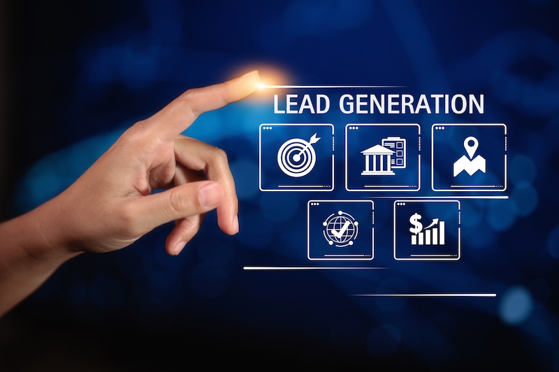 A hand pointing towards icons representing "Lead Generation," symbolizing digital marketing and business growth strategies.