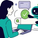 Search concept. Character using artificial intelligence generative tools for searching or browsing internet. Woman integrating with robot. Chatboat, SEO concept. Vector illustration.