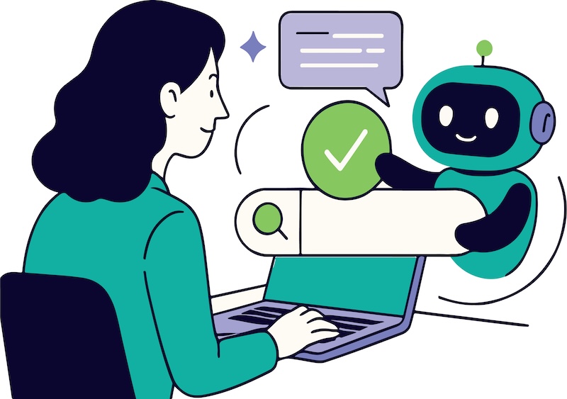 Search concept. Character using artificial intelligence generative tools for searching or browsing internet. Woman integrating with robot. Chatboat, SEO concept. Vector illustration.
