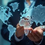 Global Visions: An entrepreneur cradles a glowing digital world map, symbolizing global reach, international business, and interconnectedness. A compelling image that speaks to strategy, planning.