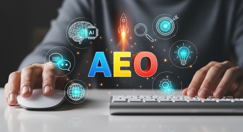 AEO Hologram with Rocket and AI Brain — Generative Optimization