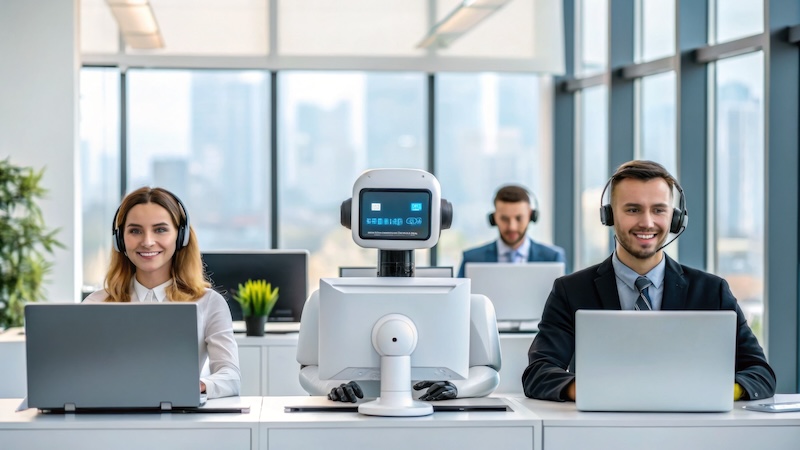 A modern office scene with two smiling customer service agents and a friendly robot assistant, all wearing headsets and working on laptops in a bright, glass walled space.