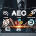 Answer Engine Optimization AEO Concept with Icons, AI, Rocket, and Business Technology