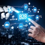 Futuristic Technology Concept with Robot Hand Interaction and Human Hand Engaging in B2B Business Agreements and Strategies Against Urban Skyline. Tessel