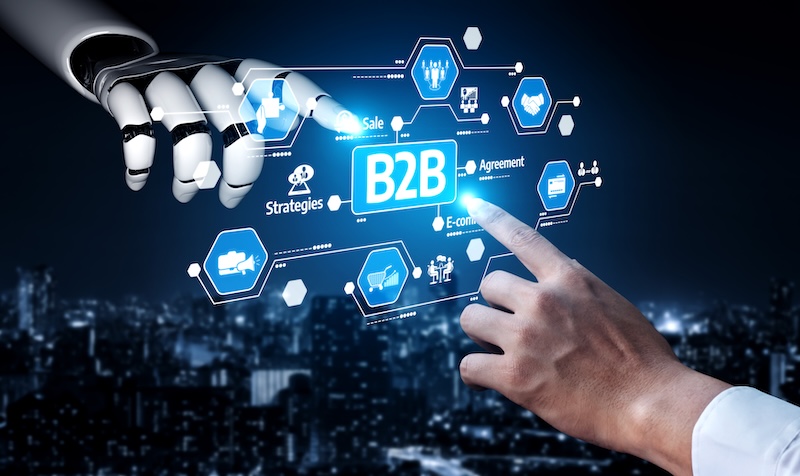 Futuristic Technology Concept with Robot Hand Interaction and Human Hand Engaging in B2B Business Agreements and Strategies Against Urban Skyline. Tessel