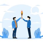 Successor plan, baton passing or transfer to new leader elected, new CEO change or collaboration to achieve goal and win business competition concept, smart businessman leader passing torch to success