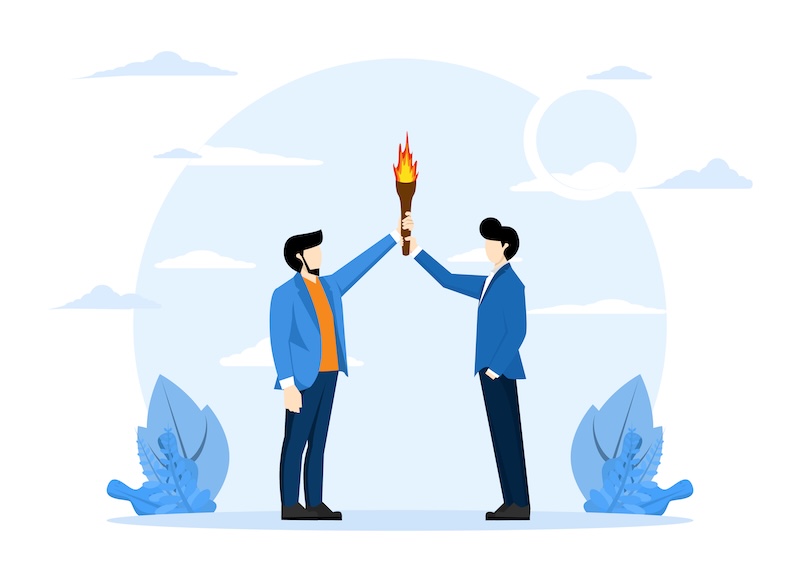 Successor plan, baton passing or transfer to new leader elected, new CEO change or collaboration to achieve goal and win business competition concept, smart businessman leader passing torch to success