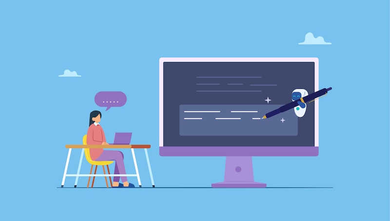 AI robot assistant writes captions for content creators, automated copywriting, Artificial intelligence creates articles, social media captions, or ads