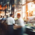 crowded restaurant with people dining and waiters, bartender and chefs working, blurred motion, generative AI