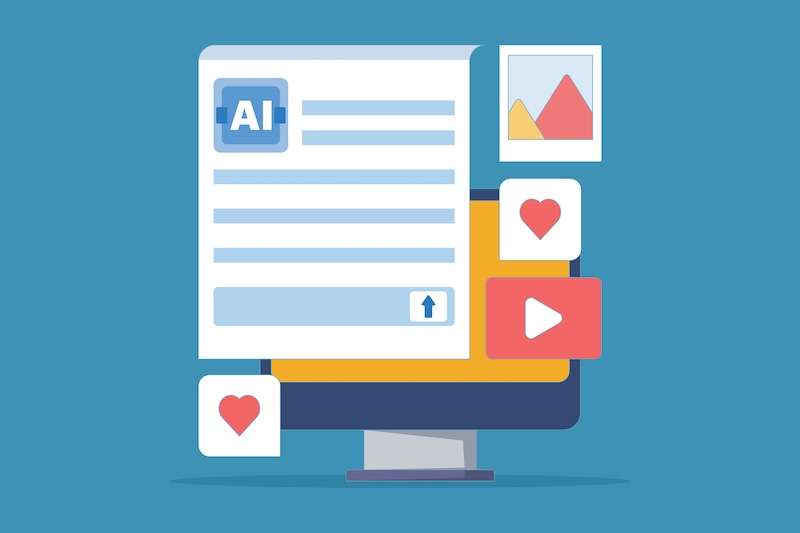 AI Generator Website Concept, AI generative tool, Artificial intelligence that creates text, video and image content. AI content generator. Artificial intelligence integrated with search engine.