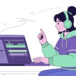 Goldcast AI Woman Editing Video Content While Pointing and Wearing Headphones, Working on Laptop.