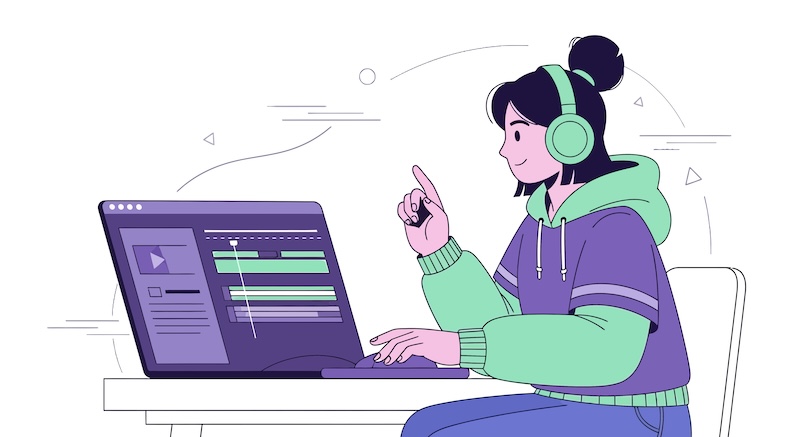 Goldcast AI Woman Editing Video Content While Pointing and Wearing Headphones, Working on Laptop.