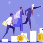 Dreamdata Funds Business team walking success ladder or steps, High potential and company development, growth. Concept of business success, leadership, innovation