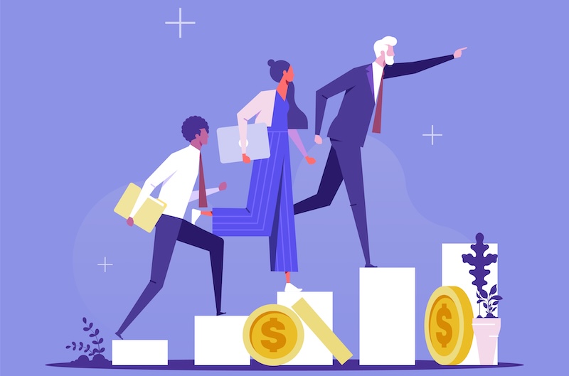 Dreamdata Funds Business team walking success ladder or steps, High potential and company development, growth. Concept of business success, leadership, innovation