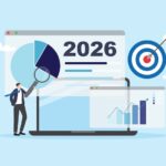 Forrester’s B2B Marketing Predictions for 2026 planning strategy business marketing for growth and success project. Businessman presenting proposal or sale data analysis dashboard for annual forecast vector illustration flat design.