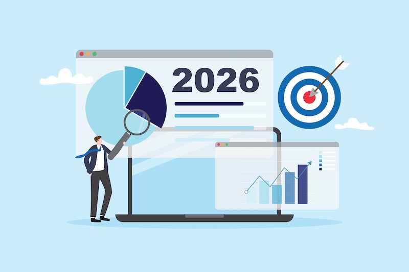 Forrester’s B2B Marketing Predictions for 2026 planning strategy business marketing for growth and success project. Businessman presenting proposal or sale data analysis dashboard for annual forecast vector illustration flat design.