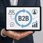 Business Growth Concept on Tablet Displaying B2B Sales Strategies and Analytics in Modern Office Setting