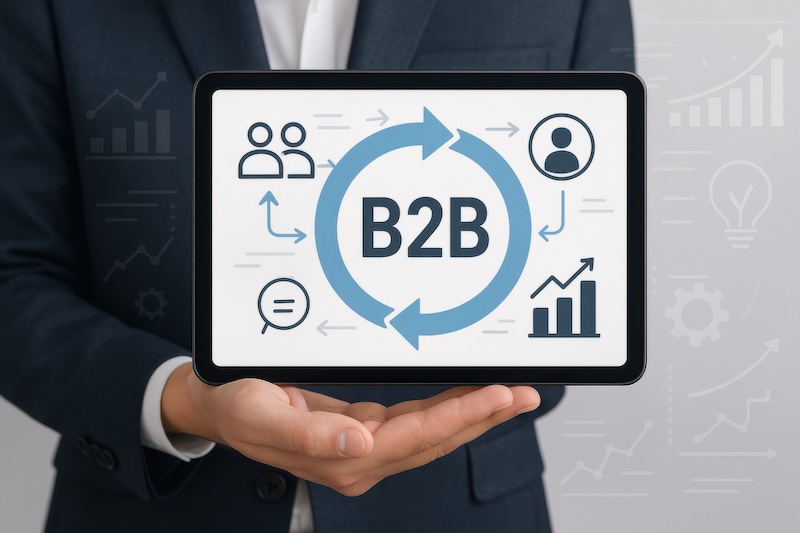 Business Growth Concept on Tablet Displaying B2B Sales Strategies and Analytics in Modern Office Setting