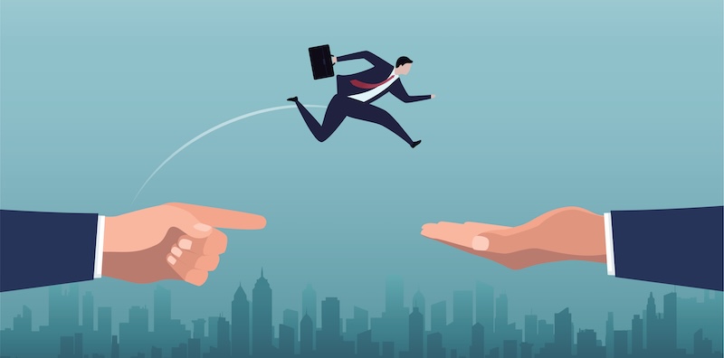 Highspot Lucas Welch Businessman is jumping to another side. Safe and reliable.