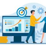 Vector of businesspeople reaching financial goals and reviewing data report