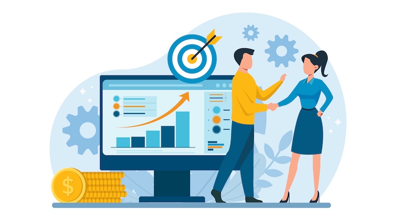 Vector of businesspeople reaching financial goals and reviewing data report