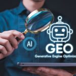 Man holding a magnifying glass over a tablet displaying ai geo generative engine optimization concept, symbolizing advanced search and ai technology