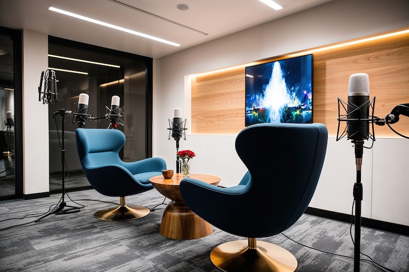 Advanced Podcast Studio Featuring Modern Seating and Professional Quality Microphones for Genuine Media Conversations