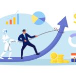 Leader and robot haul an upward arrow across charts. Human skill pairs with AI to accelerate results. Innovation and revenue growth and startups. Person and Artificial Intelligence collaboration