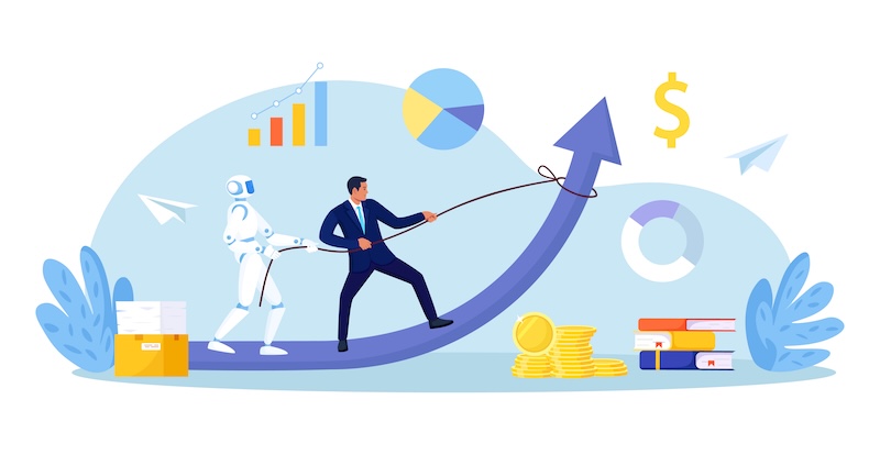 Leader and robot haul an upward arrow across charts. Human skill pairs with AI to accelerate results. Innovation and revenue growth and startups. Person and Artificial Intelligence collaboration