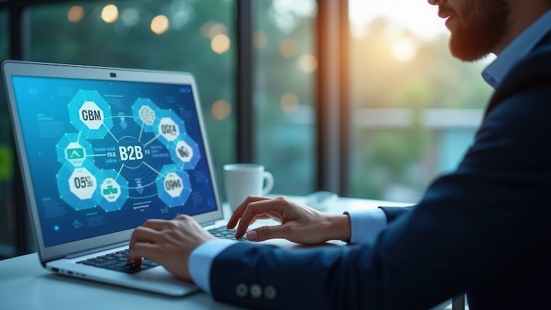 B2B business strategy concept. Businessman working with a B2B virtual interface on a laptop, conceptualizing strategy, partnership, targets in business to business services. E commerce