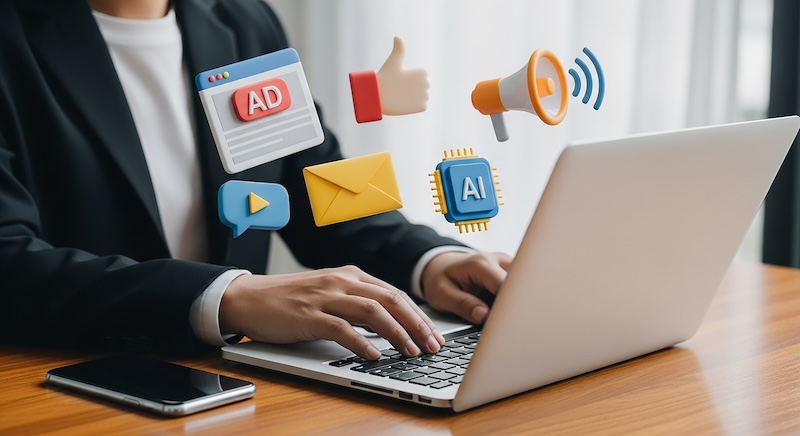 Crafting digital marketing success A strategist s focus on online engagement AI and innovative promotion over a laptop