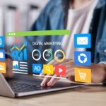 Digital marketing commerce online sale concept. Website ad, email, social network, video, SEO and business strategy. Man use laptop with digital marketing on websites.