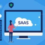 Woman technologist managing cloud server application, cloud computing database, saas software as a service. Internet security, business communication concept. Web banner template.