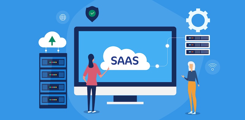 Woman technologist managing cloud server application, cloud computing database, saas software as a service. Internet security, business communication concept. Web banner template.