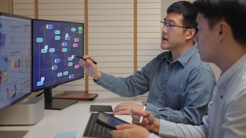 Asia people expert man tech talent team working on project predict sales insight SEO graph chart AI plan visual big data science report center BI smart tools screen. Office worker asian analyst job.