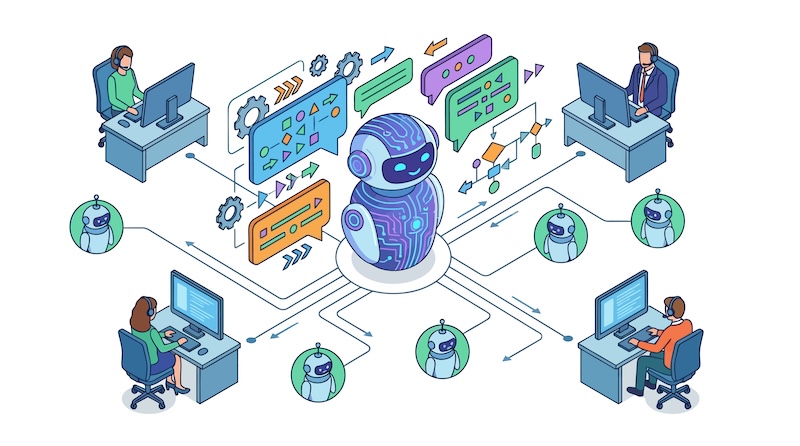 B2BMX 2026 AI Track Isometric AI Customer Support and Contact Center SaaS Illustration with Human Agents and Chatbot Automation for Business Communication and Help Desk Efficiency