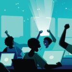 B2BMX AI Hackathon Create a vibrant vector illustration depicting a diverse group of people collaborating intensely at a bustling hackathon event, showcasing laptops, coding, and teamwork.