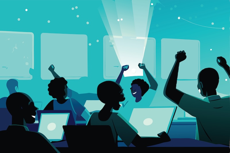 B2BMX AI Hackathon Create a vibrant vector illustration depicting a diverse group of people collaborating intensely at a bustling hackathon event, showcasing laptops, coding, and teamwork.