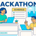 B2BMX 2026 Hackathon workspace illustration with two people on laptops, blank sponsor area, schedule board, and cityscape background in clean style. Ai generative