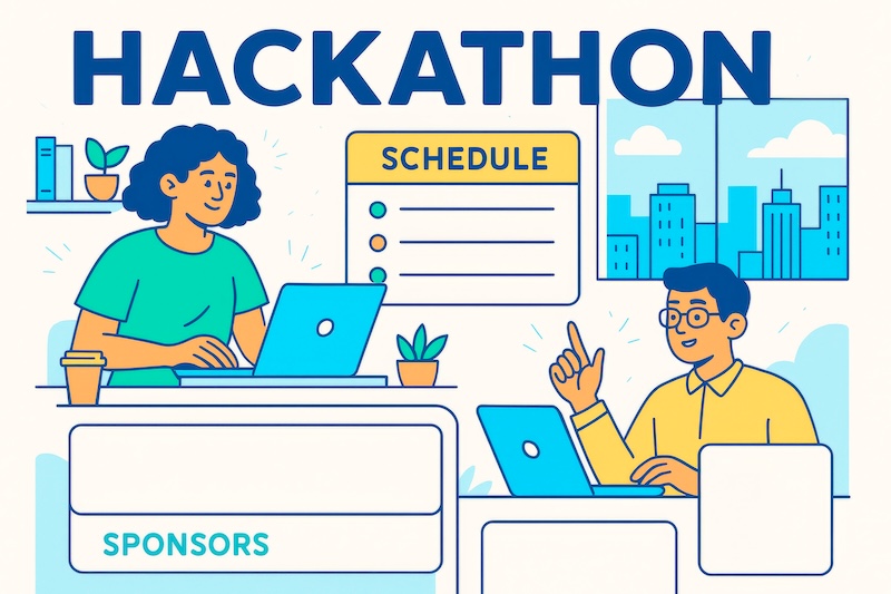 B2BMX 2026 Hackathon workspace illustration with two people on laptops, blank sponsor area, schedule board, and cityscape background in clean style. Ai generative