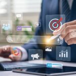 Canto's The State of Digital Content Search marketing and keywords optimization concept with businessman using stylus on digital interface showing SEO, targeting, and advertising icons for AI online campaign and data driven visibility