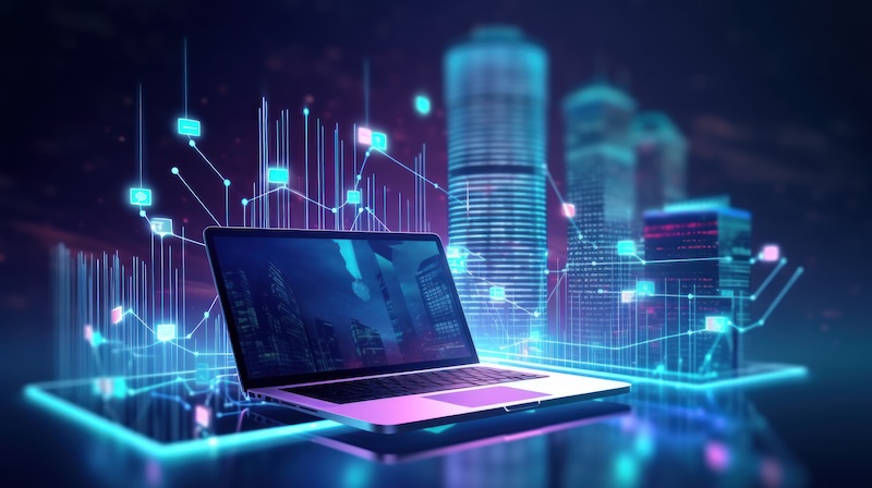 Channel99 GenAI AI image laptop computer online and payment Digital marketing with global internet network connection. Generative AI