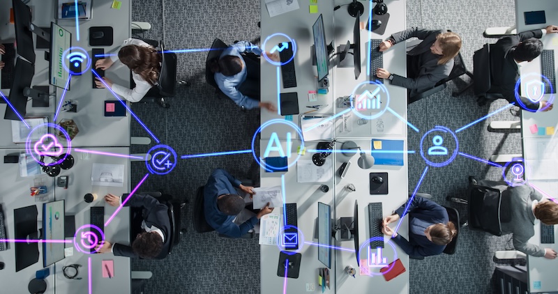 Gong Artificial Intelligence and Machine Learning Tools Visualization Inside a Business Office. Professional Team of Managers Using Online Software for Commercial Daily Operations and Communication